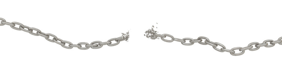 Broken Chain: 3D render of a silver metal chain dramatically snapped apart against a stark black background. Symbolizes freedom or overcoming obstacles.