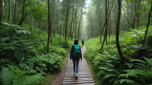Wide trampled forest path tends to thicket of forest, girl with backpacker walks along path with her back to camera, traveler explore protected forest, national park, there is a lot of greenery around