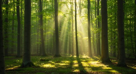 Obraz premium Sunlight streaming through trees in a dense forest with green foliage and a mossy forest floor view