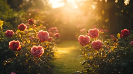 A garden scene with rose bushes shaped like hearts under soft golden light