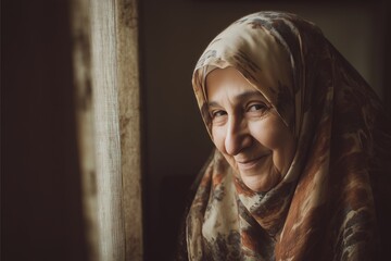 Elderly woman in hijab smiling gently by the window with warm light, hijab portrait, hijab portrait, hijab portrait for cultural storytelling