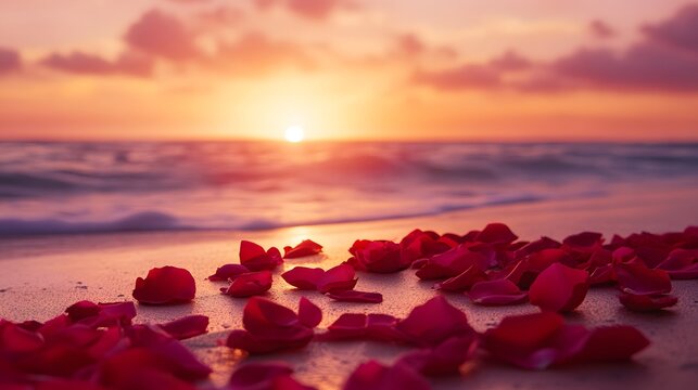 A romantic scene with rose petals scattered in the shape of a heart on a beach at sunset