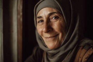 Close-up of elderly woman in hijab with soft smile and warm shadows, hijab portrait, hijab portrait, hijab portrait showing emotion and age