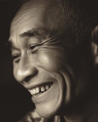 Emotional close-up of Asian senior man smiling with deep laugh lines, elderly joy, elderly joy, elderly joy in monochrome
