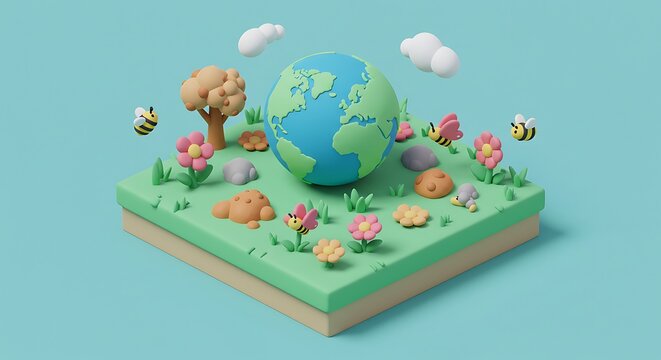 Clay earth on a green square with flowers bees and clouds against a light blue colored background