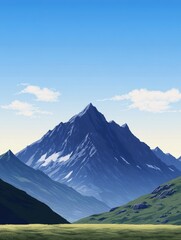 8-bit pixel art mountain landscape, tall sharp peaks, rocky terrain, grassy foreground, clear sky with a few clouds, frontal view, old-school game look, rich pixel detail.