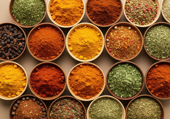 Wooden bowls filled with a variety of spices arranged on a rustic table, showcasing vibrant colors and textures.