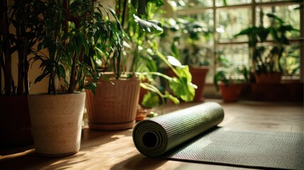 Serene Indoor Yoga Space with Green Plants and Rolled Yoga Mat on Natural Wooden Floor