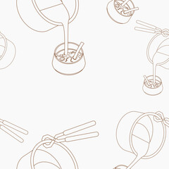 Editable Outline Three-Quarter Top View of Pouring Masala Chai from Pan into Pottery Cup Vector Illustration Seamless Pattern for Background of Beverages With South Asian Culture and Tradition
