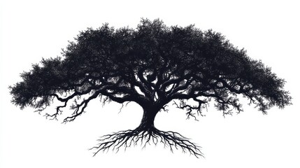Abstract Silhouette of a Majestic Tree with Intricate Branches and Roots