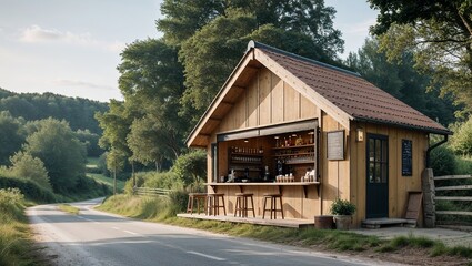 a rustic, small coffee shop , rural setting. The shop is housed in a quaint wooden structure with a sloping roof, blending harmoniously with the surrounding greenery.