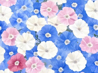 Field of Floral Delights  Blossoms in Blue Pink and White Abound