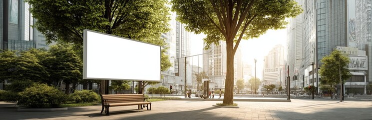 Blank Billboard in Urban Park: Advertising Space, Cityscape Views, Tranquil Setting, Sunlight, Green Trees, Modern Architecture, Public Bench