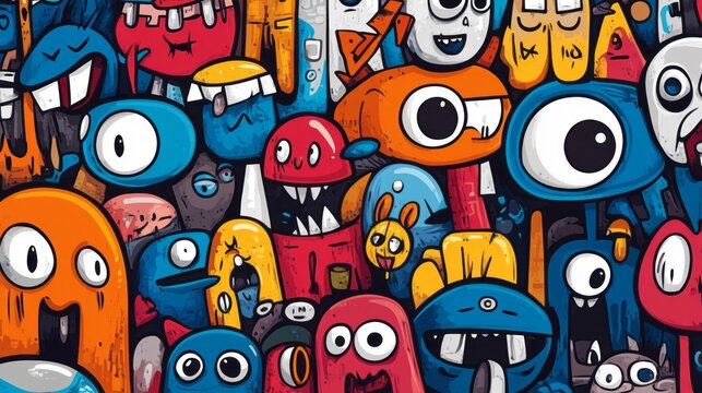An assortment of vividly colored quirky monster characters fill the space