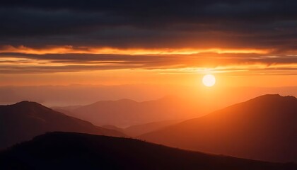 Fototapeta premium Golden hour over serene mountain ranges, a breathtaking panoramic landscape