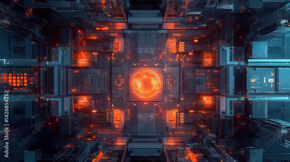 Poster futuristic high-tech structure with glowing elements for modern science concepts