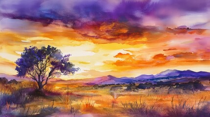 Obraz premium Vibrant sunset over a savanna landscape with a lone tree.