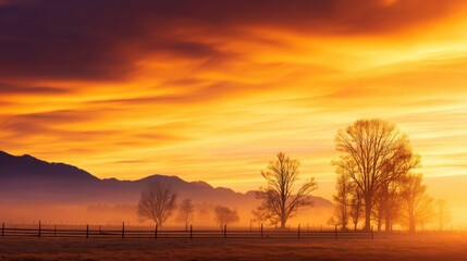 Fototapeta premium Serene sunset over misty landscape with silhouetted trees and mountains in the background