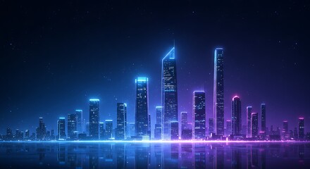 Naklejka premium Futuristic cityscape skyline with neon lights reflecting on water at night in a digital rendering