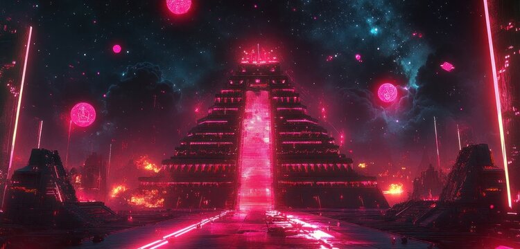 Neon Aztec Pyramid in a Cosmic Landscape