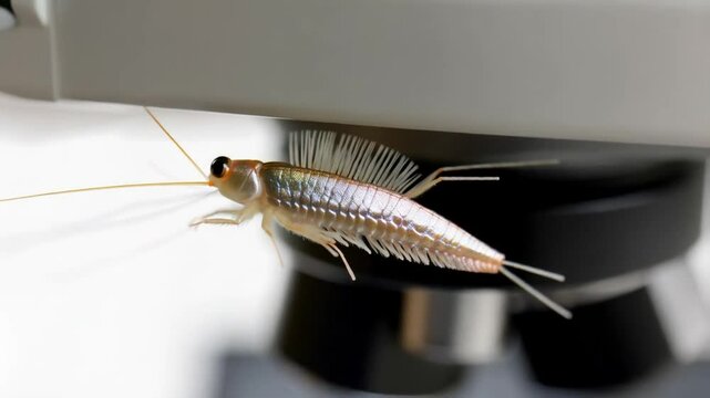 Macro Photography of a Silverfish Near a Microscope