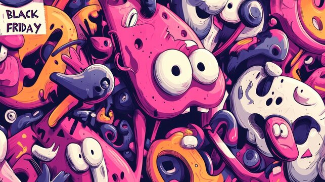 Cartoonish pink and purple abstract illustration with black friday text