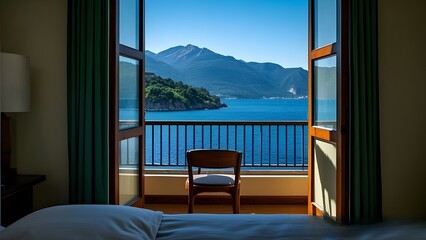 Fototapeta premium Beautiful view sea and sunset through window from hotel bedroom with chair on balcony