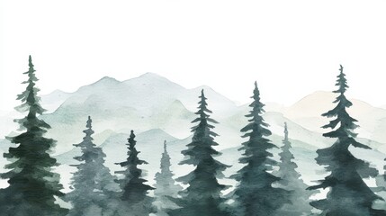 Fototapeta premium Forests watercolor dream Tall pines guard misty mountains in serene muted tones
