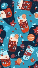 Diverse pattern of different drinks in various glasses showcasing colorful refreshments