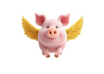 Cute flying pig with golden wings on a transparent background. Concept of fantasy, dreams, and impossible things.