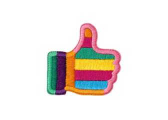 Colorful embroidered thumbs up patch on transparent background. Concept of approval, agreement, and positive feedback.