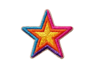 Colorful embroidered star patch on transparent background. Decorative element for clothing and accessories.