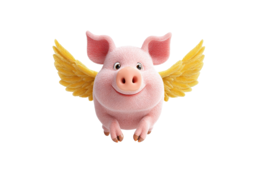 Cute flying pig with golden wings on a transparent background. Concept of fantasy, dreams, and impossible things.