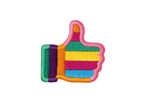 Colorful embroidered thumbs up patch on transparent background. Concept of approval, agreement, and positive feedback.