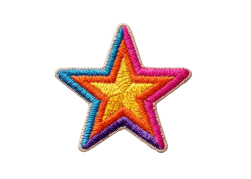 Colorful embroidered star patch on transparent background. Decorative element for clothing and accessories.