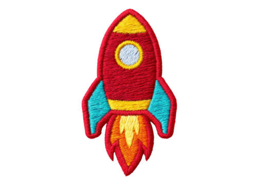 Embroidered patch of a red rocket ship with flames on a transparent background. Concept of space, science, and technology. - Powered by Adobe