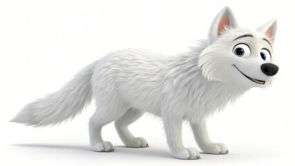 Adorable White Cartoon Wolf Puppy 3D Render Fluffy Fur Cute Animal