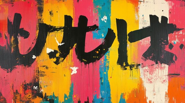 Bold abstract expressionist artwork featuring black calligraphy on bright colors