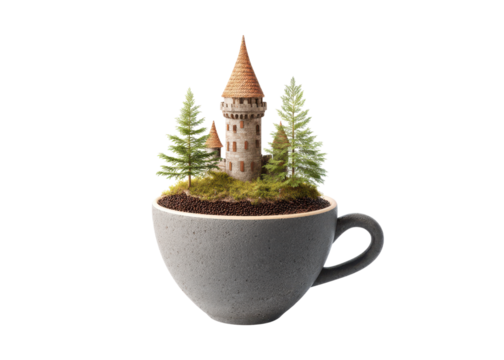 Miniature castle with trees inside a coffee cup on a transparent background. Concept of fantasy, dreams, and imagination.