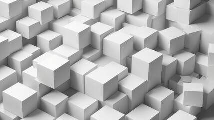 Heap of different scaled white boxes geometrical background wallpaper banner pattern flat lay from above, fading out with copy space