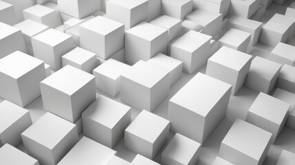 Heap of different scaled white boxes geometrical background wallpaper banner pattern flat lay from above, fading out with copy space