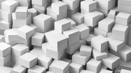 Heap of different scaled white boxes geometrical background wallpaper banner pattern flat lay from above, fading out with copy space