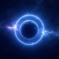 mysterious alien planet with glowing rings, dark space, minimal style, vibrant blue and violet