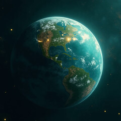 half-shadowed planet with golden dust, debris floating, strong contrast, dark minimalist style