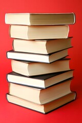 Stack of Books on Red Background, Classic Literature, Education Concept