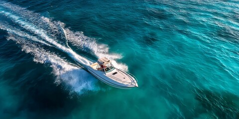 Naklejka premium A boat cuts through turquoise water