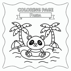Cute Cartoon Panda on Tropical Beach – Black and White Coloring Page for Kids. International Children's Book Day