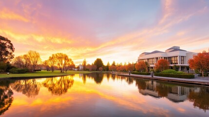 Fototapeta premium Serene sunset over tranquil lake reflecting vibrant autumn color and modern architecture