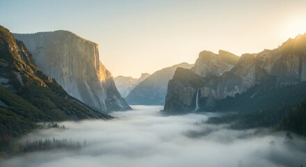 Mountain valley filled with fog and trees under a bright sky.