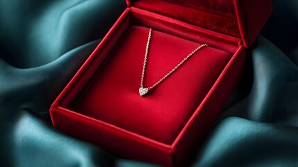 A red velvet gift box with a delicate necklace displayed on a silk fabric